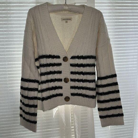 Lucky Brand L-XL White Black Stripe Cable Knit Button Front Wool Blend Cardigan - Picture 5 of 16